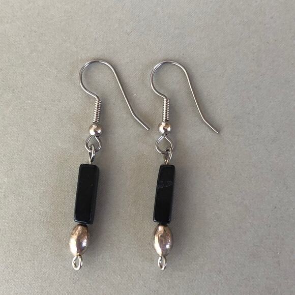 Black Onyx Hook Earrings Silver Tone Handmade Gift Boho Gemstone - Picture 3 of 5